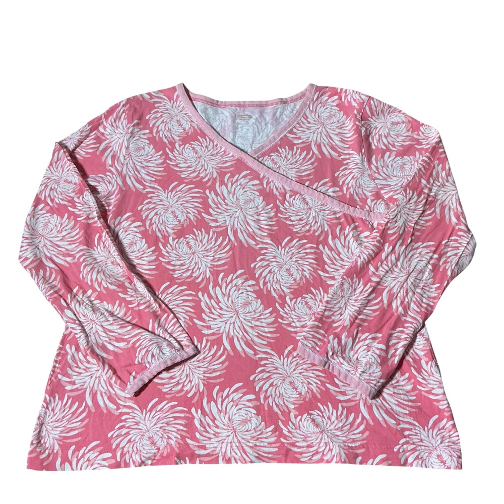 Garnet Hill Cottagecore Large Cotton Pink Floral Chrysanthemum Faux Wrap Top
